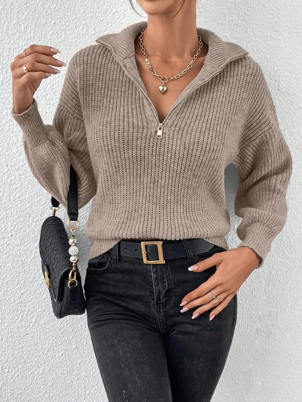 Taupe zip-up fall sweater for women styled with jeans – casual autumn outfit idea