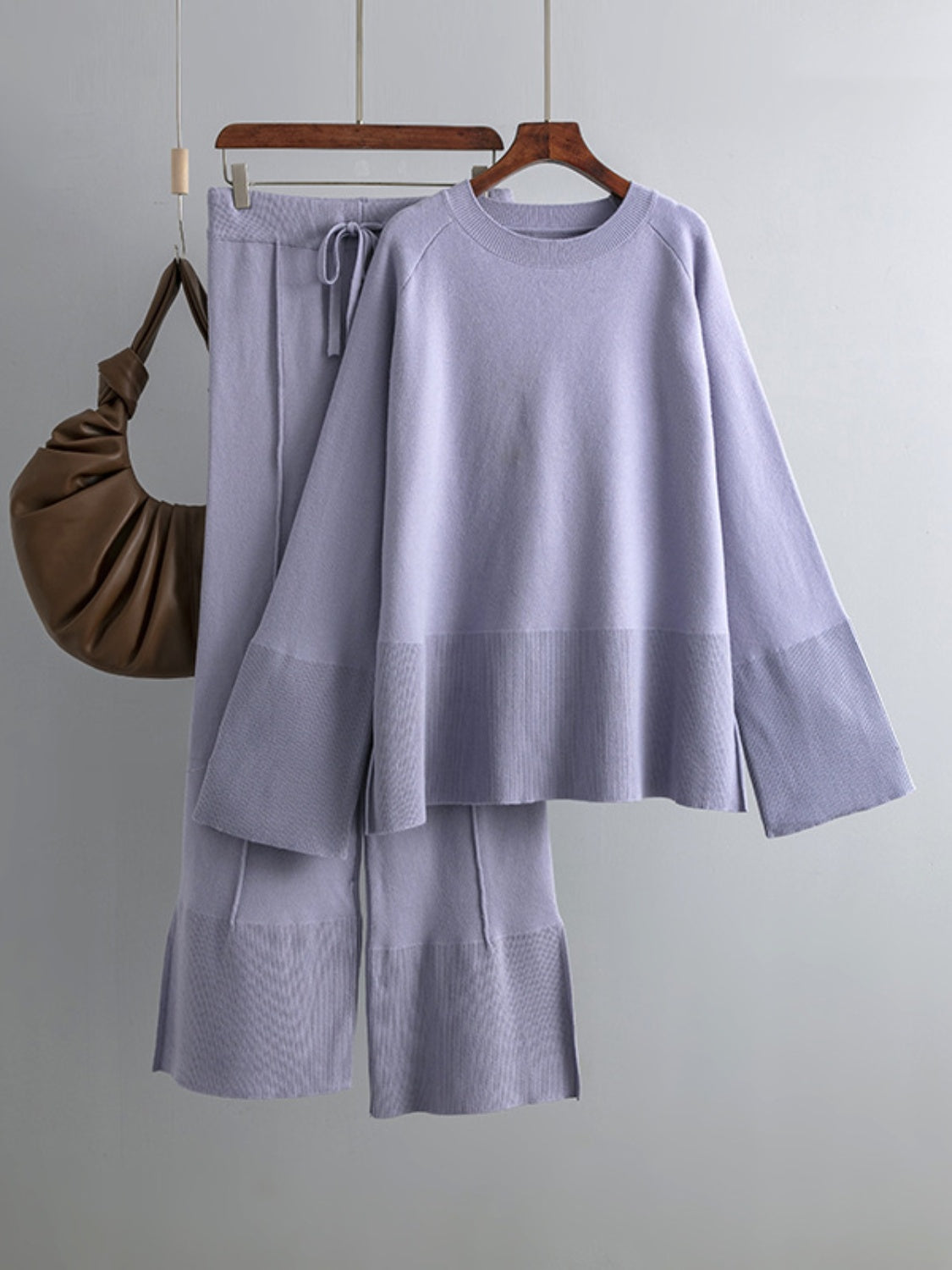 Slit Long Sleeve Top and Drawstring Pants Sweater Set