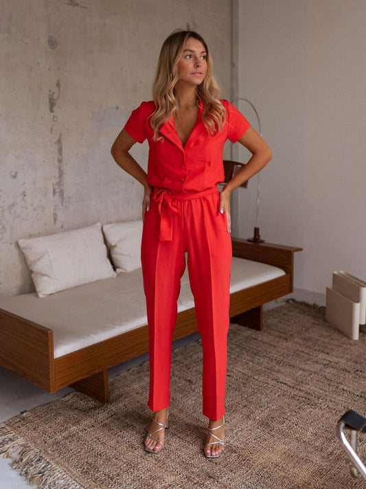 Tied Collared Neck Short Sleeve Jumpsuit