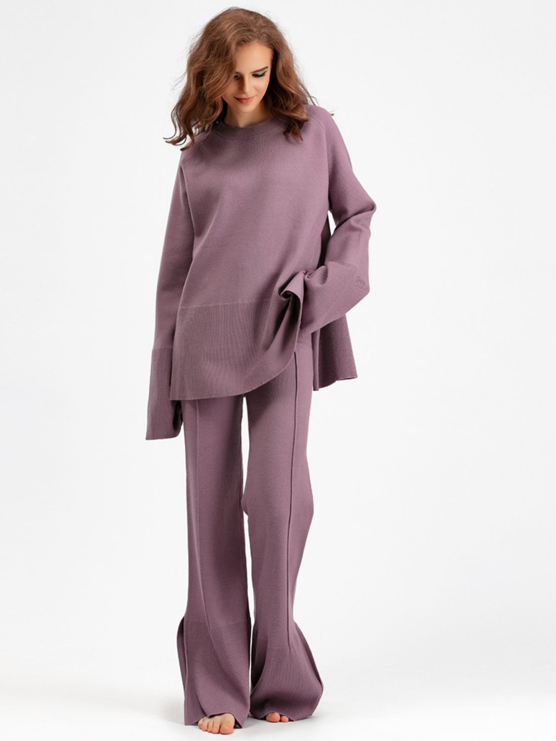 Slit Long Sleeve Top and Drawstring Pants Sweater Set