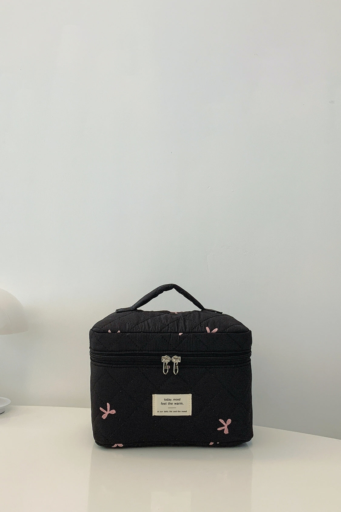 Large Bow Embroidered Quilted Storage Bag with Zip