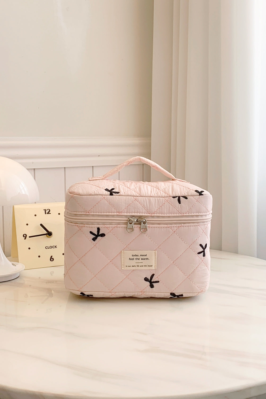 Large Bow Embroidered Quilted Storage Bag with Zip