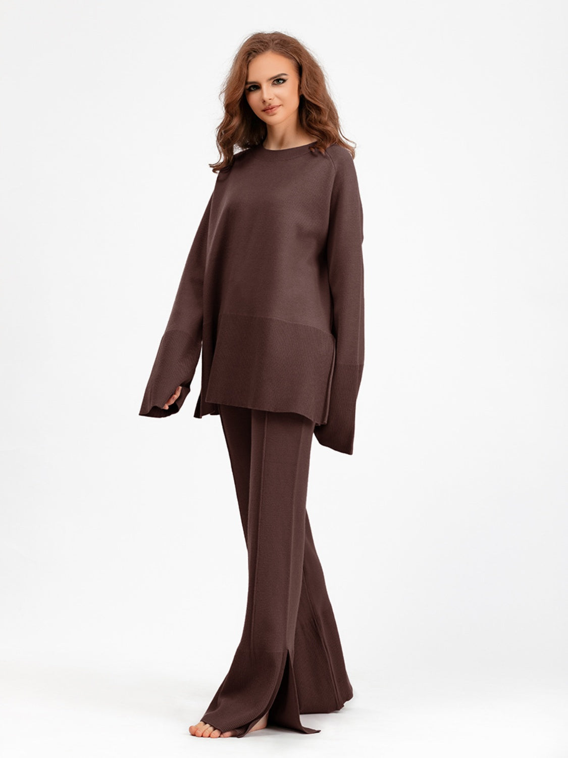 Slit Long Sleeve Top and Drawstring Pants Sweater Set