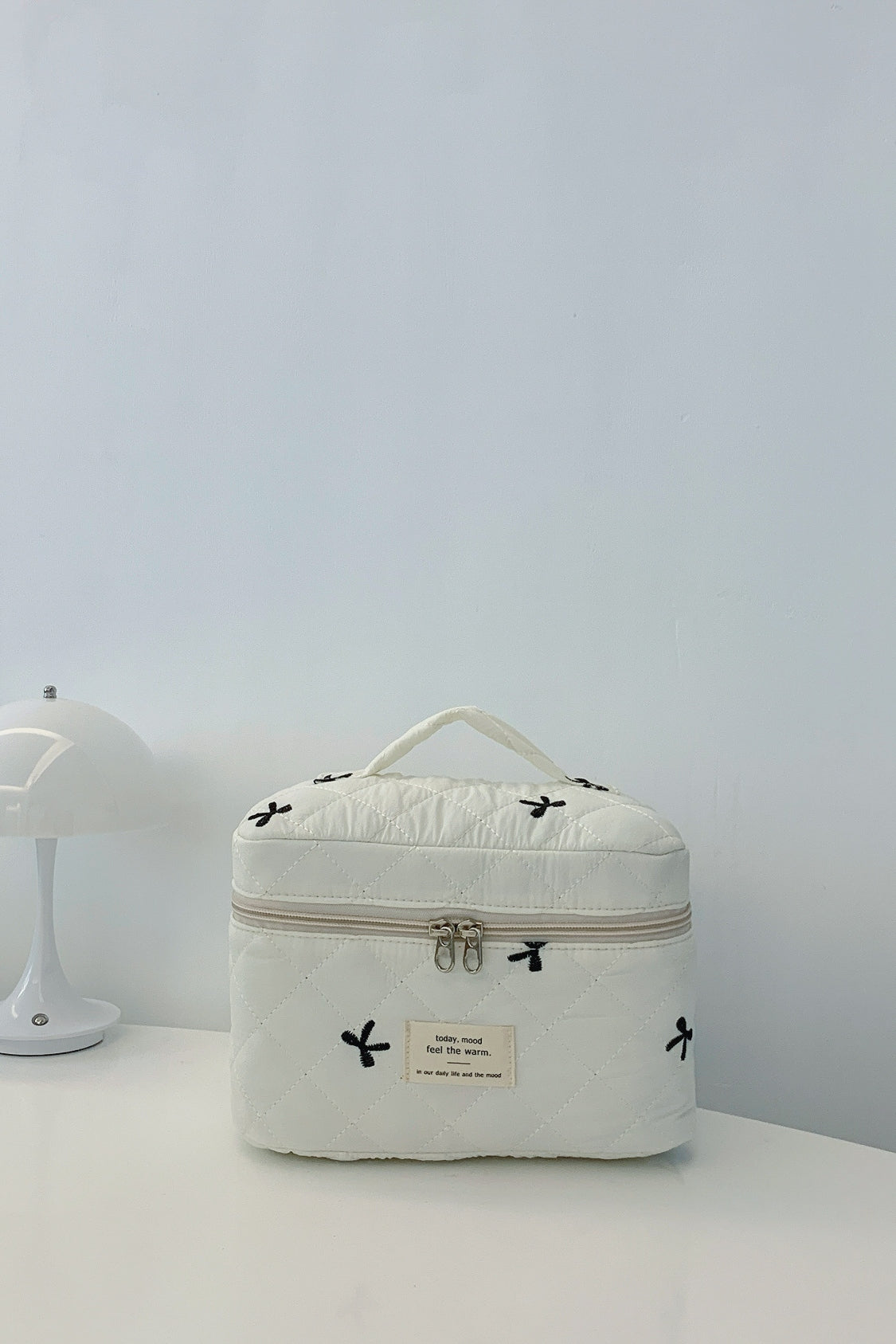 Large Bow Embroidered Quilted Storage Bag with Zip