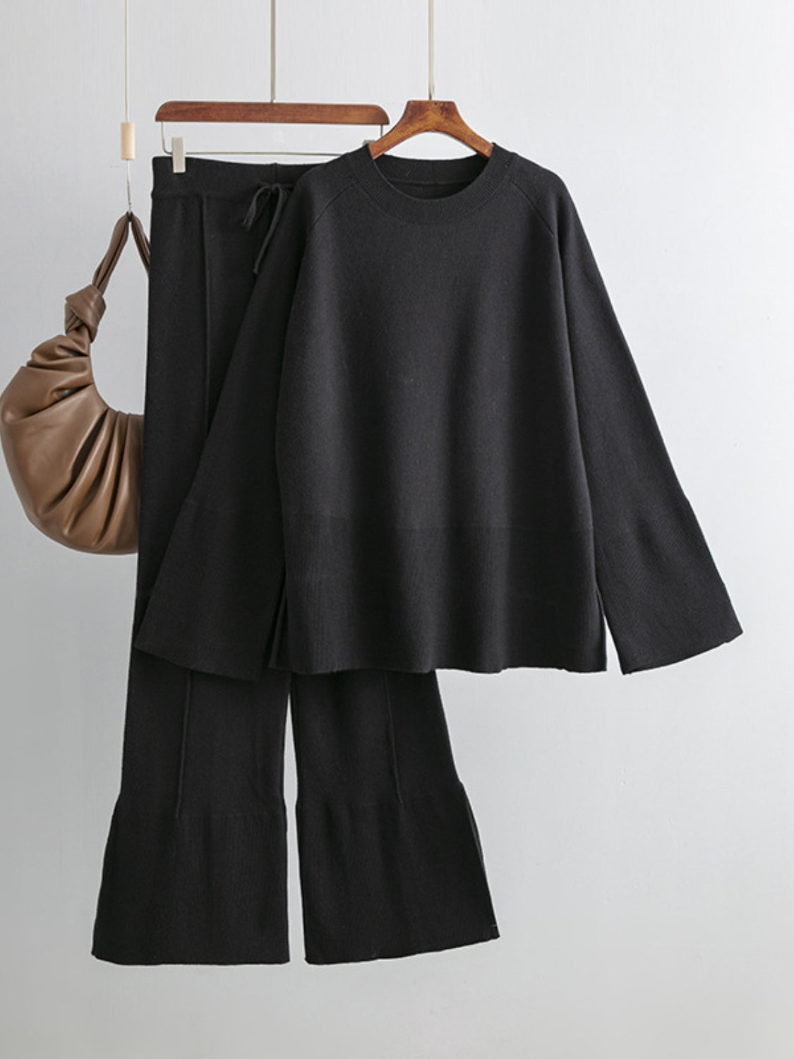 Slit Long Sleeve Top and Drawstring Pants Sweater Set