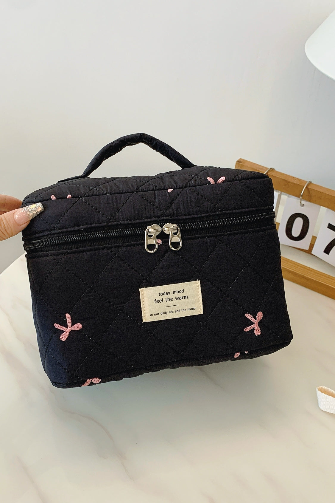 Large Bow Embroidered Quilted Storage Bag with Zip