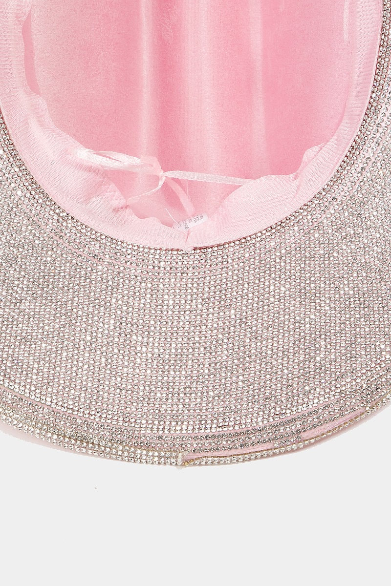 Fame Pave Rhinestone Trim Faux Suede Hat in Pink/Silver