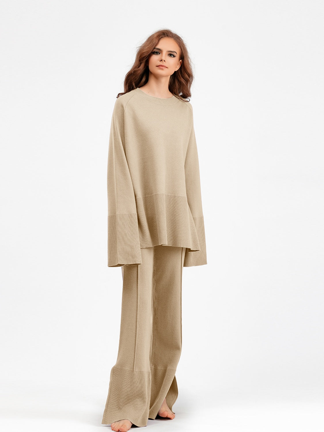 Slit Long Sleeve Top and Drawstring Pants Sweater Set