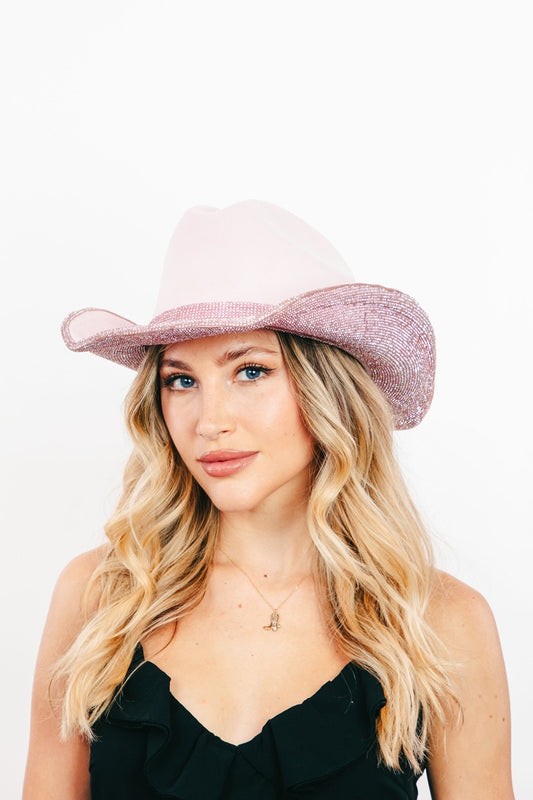 Fame Pave Rhinestone Trim Faux Suede Hat in Pink/Silver
