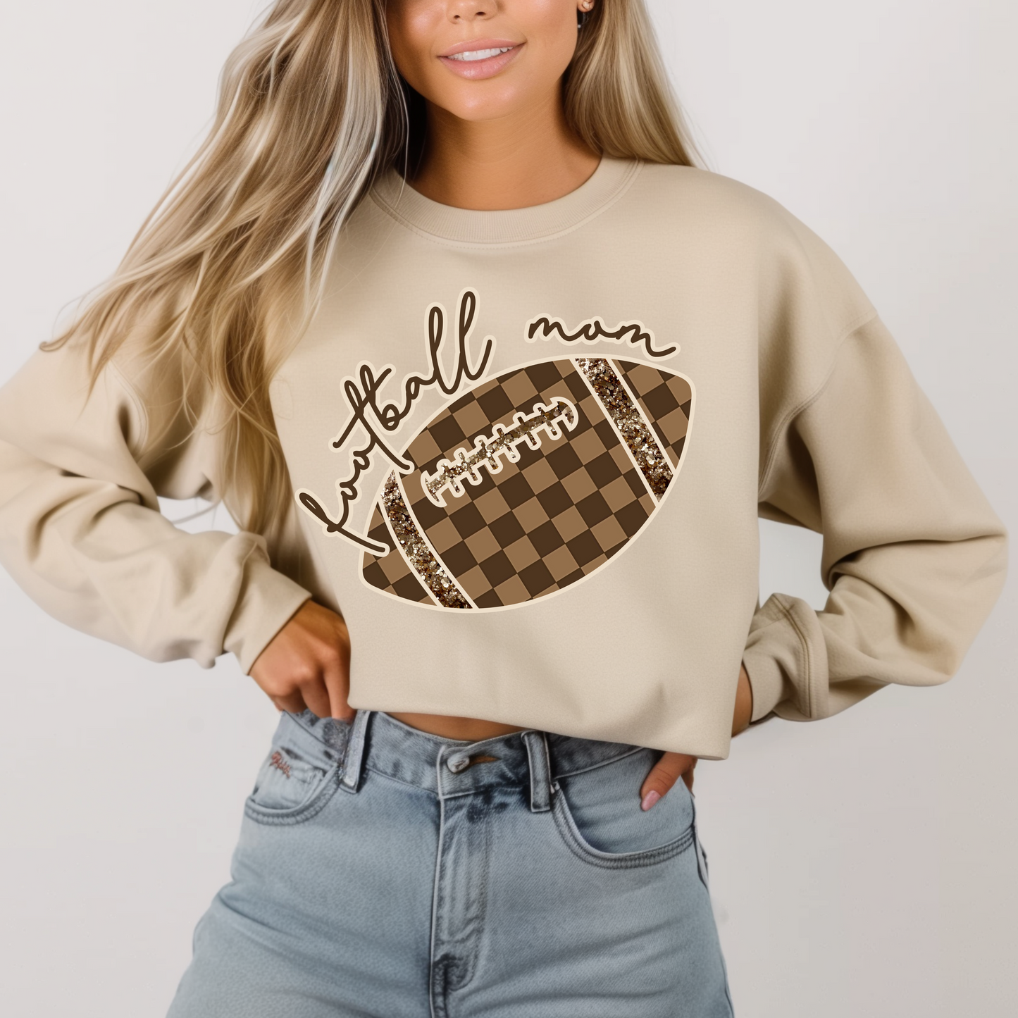 Checkered Football Mom Sand Crew Sweatshirt