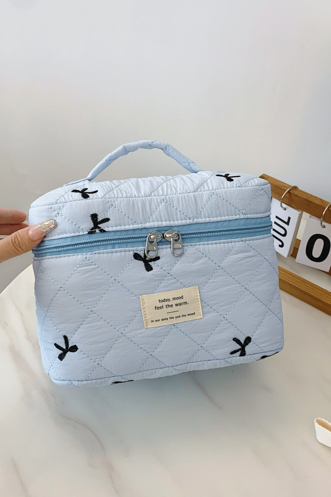Large Bow Embroidered Quilted Storage Bag with Zip