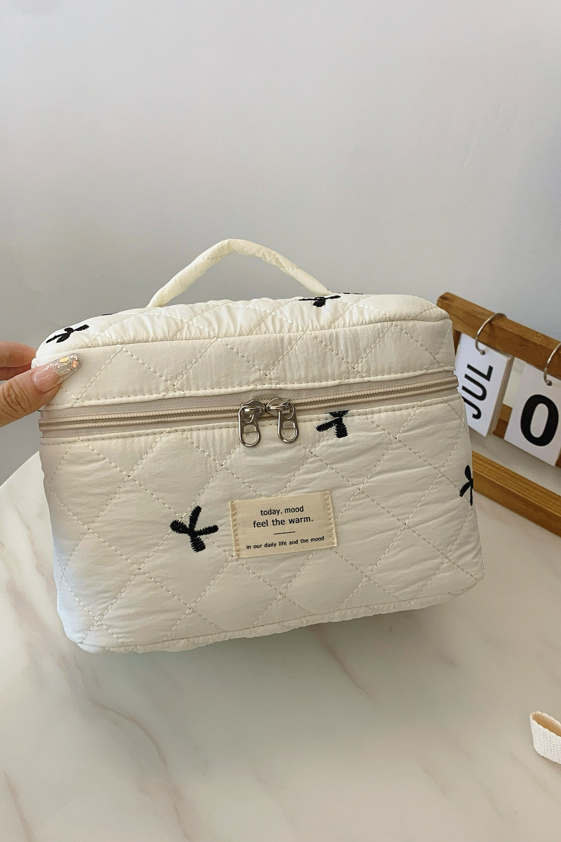 Large Bow Embroidered Quilted Storage Bag with Zip