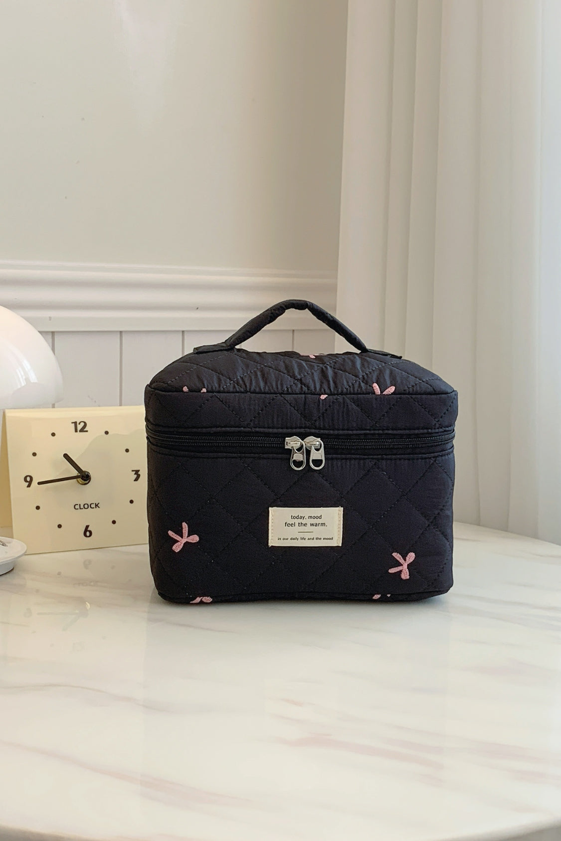 Large Bow Embroidered Quilted Storage Bag with Zip