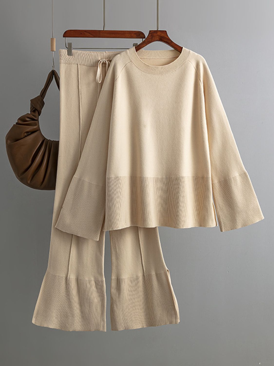 Slit Long Sleeve Top and Drawstring Pants Sweater Set