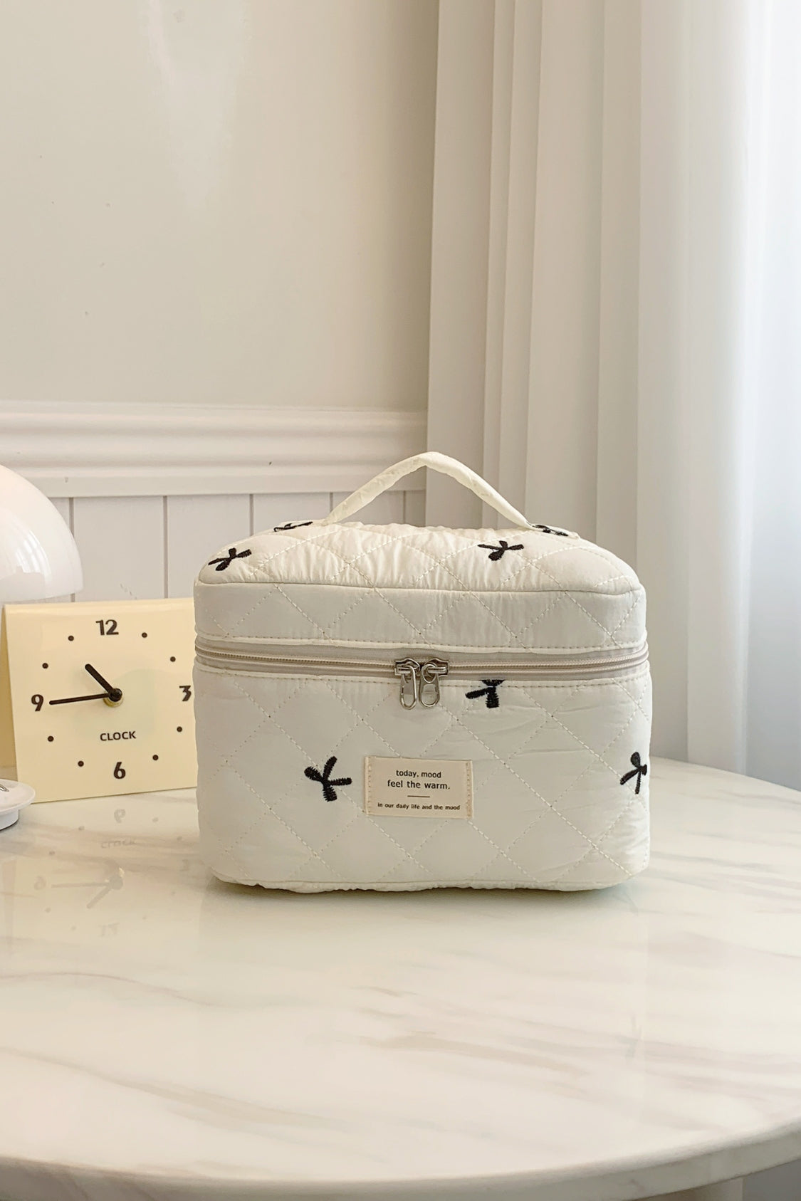 Large Bow Embroidered Quilted Storage Bag with Zip