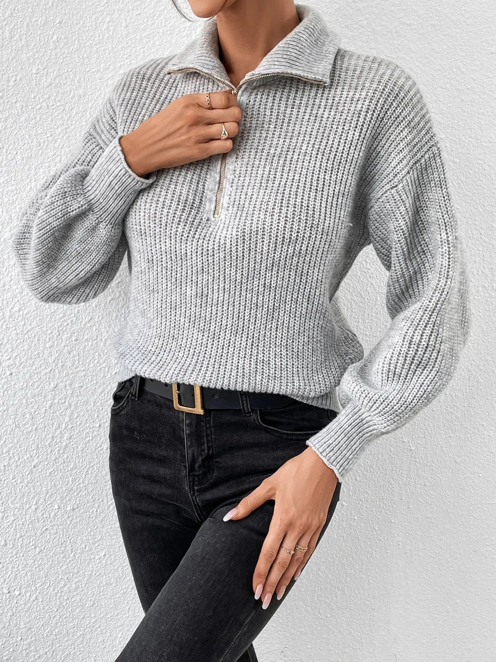 Women’s Honey Half Zip Dropped Shoulder Sweater in grey – cozy fall sweater outfit