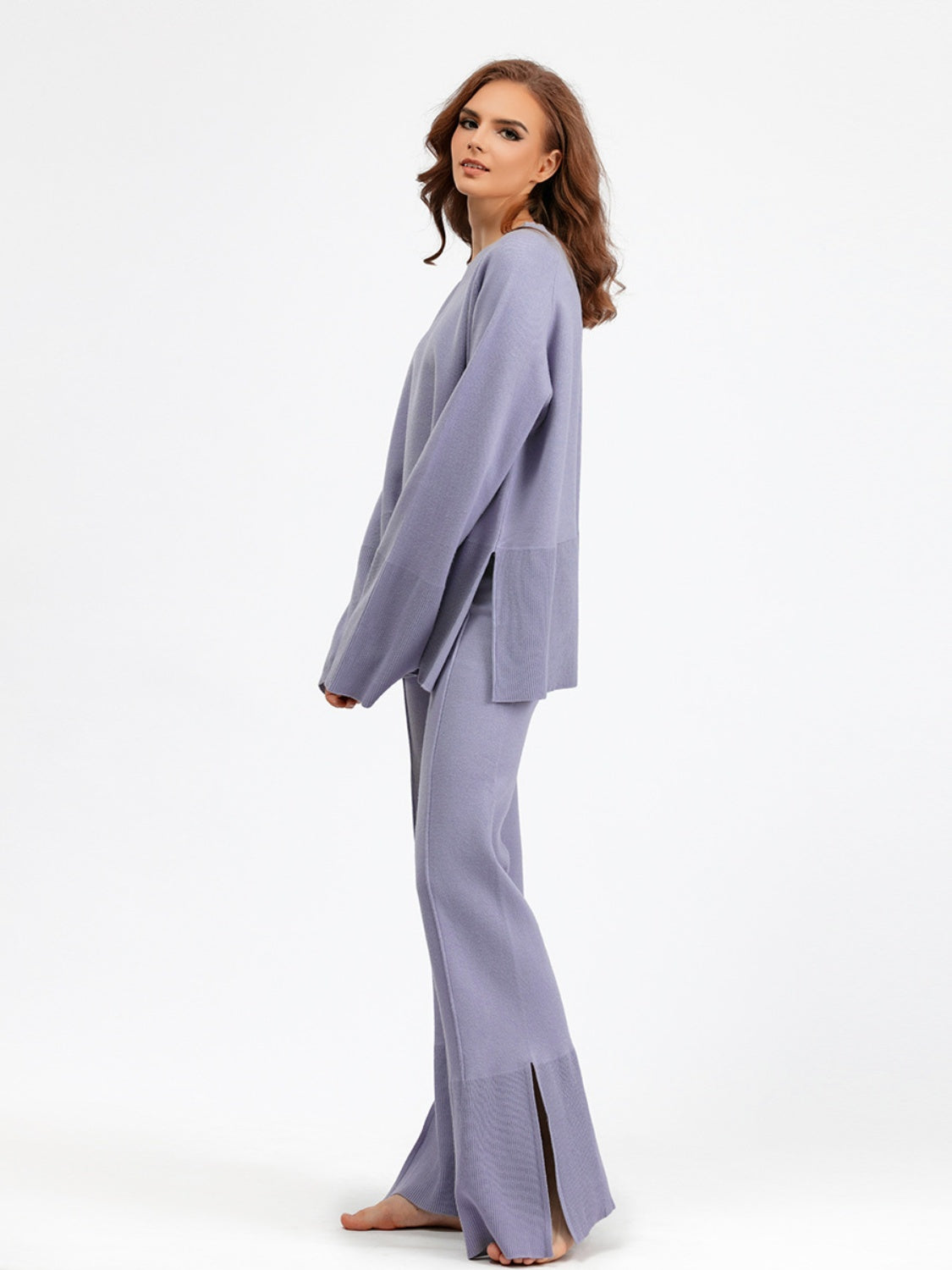 Slit Long Sleeve Top and Drawstring Pants Sweater Set