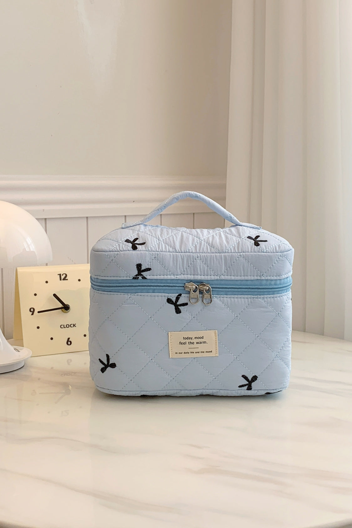 Large Bow Embroidered Quilted Storage Bag with Zip