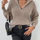 Taupe zip-up fall sweater for women styled with jeans – casual autumn outfit idea