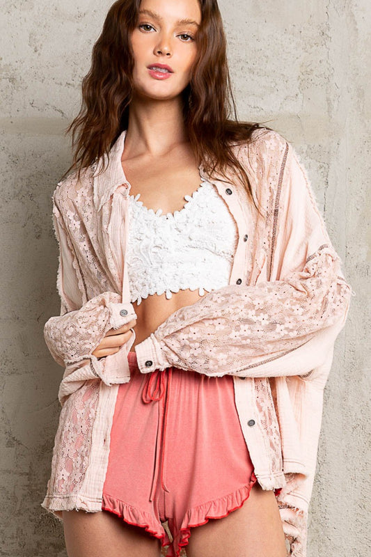 POL Oversize Lace Button-Down Shirt in Baby Pink