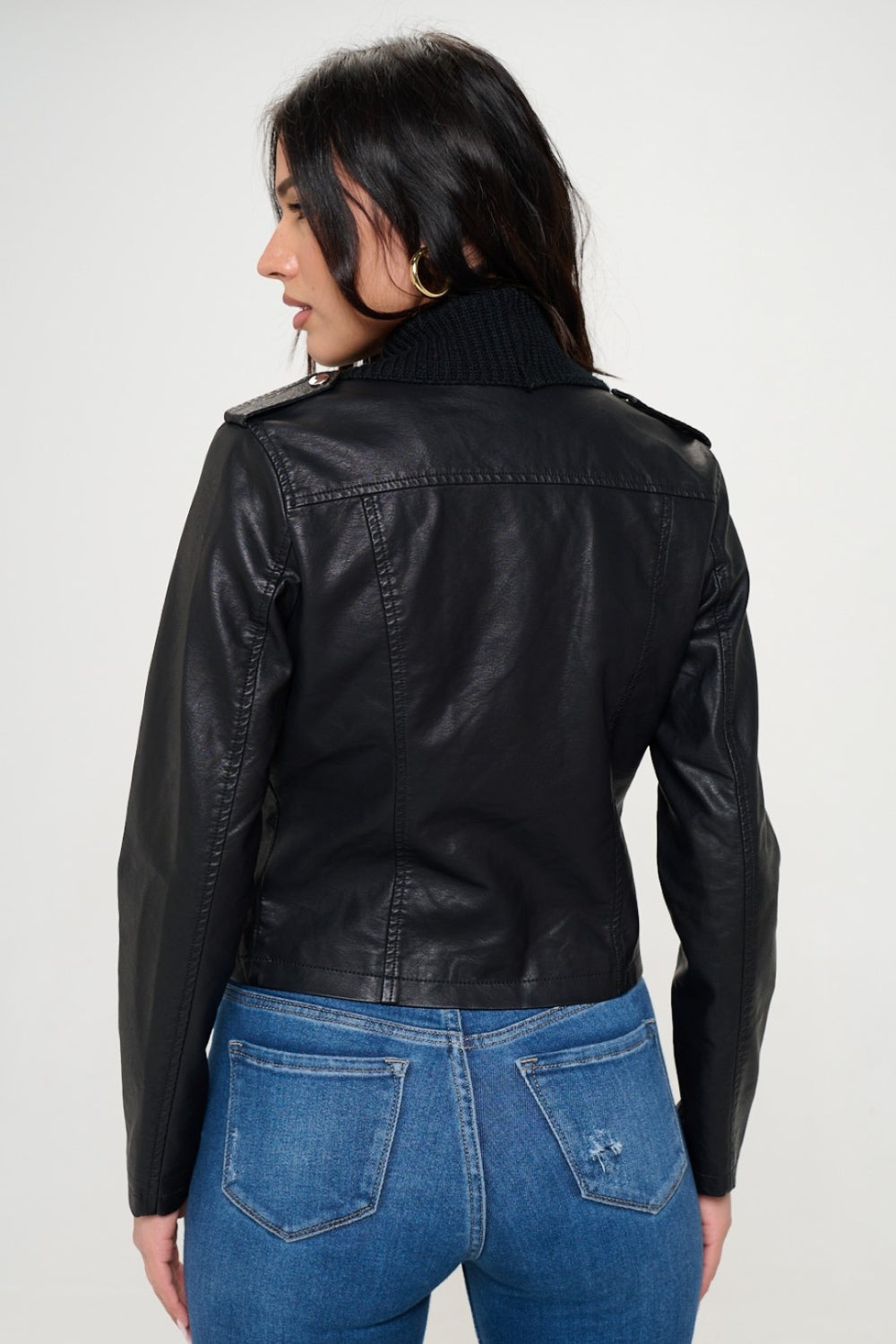 Knit Front Vegan Leather Crop Jacket