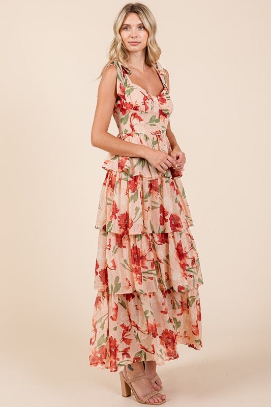 Layered Floral Sweetheart Neck Maxi Dress