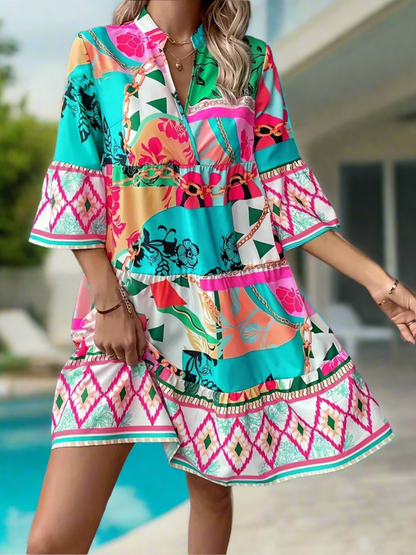 Jewels of The Jungle 3/4 Sleeve Tiered Dress