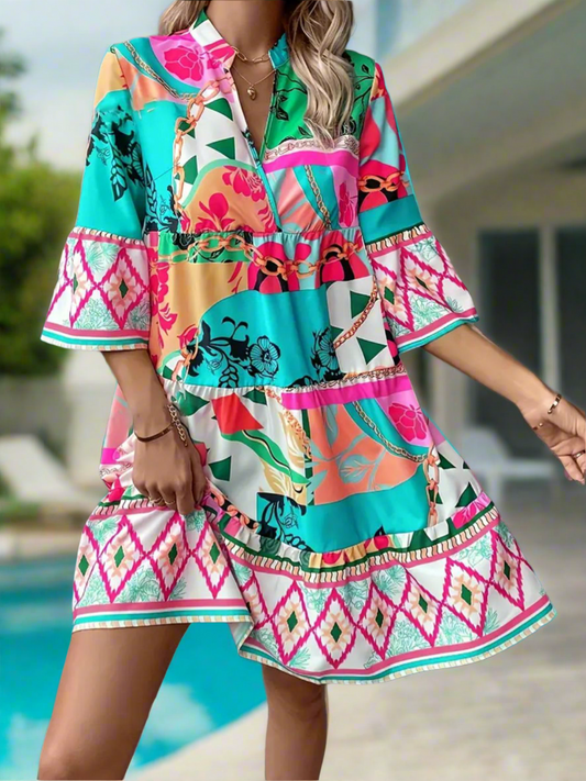 Jewels of The Jungle 3/4 Sleeve Tiered Dress