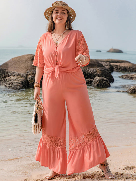 Plus Size Button Up Half Sleeve Top and Wide Leg Flare Pants Set in Coral