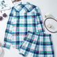 Plaid Snap Down Long Sleeve Top and Shorts Pajama Set