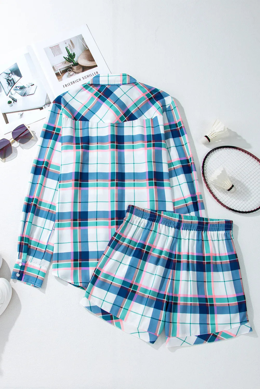 Plaid Snap Down Long Sleeve Top and Shorts Pajama Set