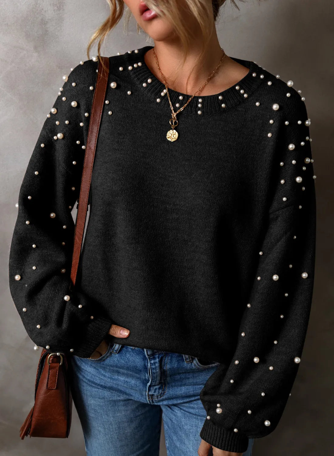 Pearl Detail Long Sleeve Sweater in Mocha
