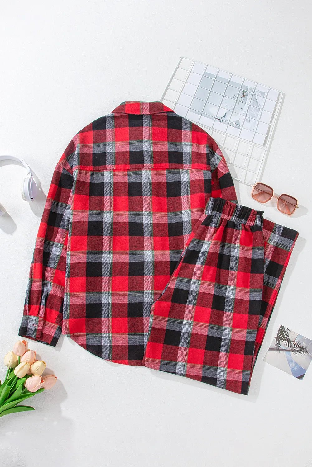 Plaid Long Sleeve Top and Pants Pajama Set