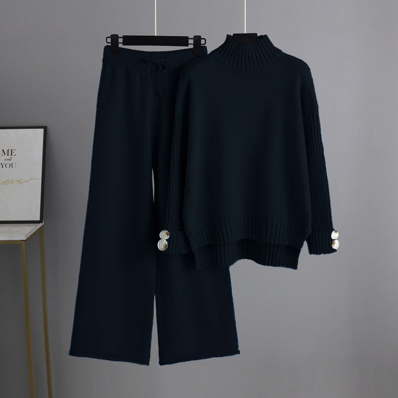 High-Low Turtleneck Top and Pants Sweater Set