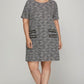 Short Sleeve Pearl Studded Trim Knit Tweed Dress In Black