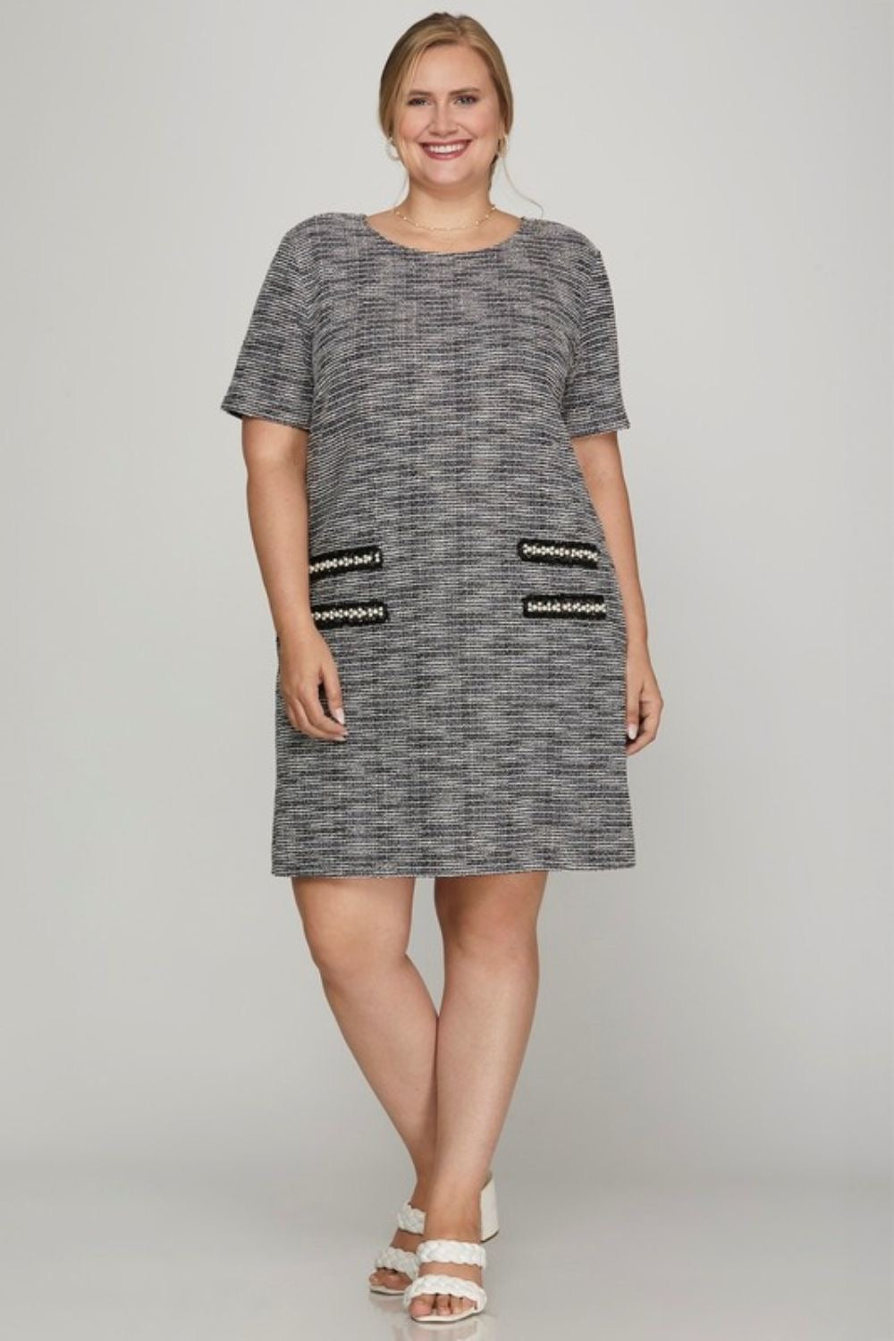 Short Sleeve Pearl Studded Trim Knit Tweed Dress In Black