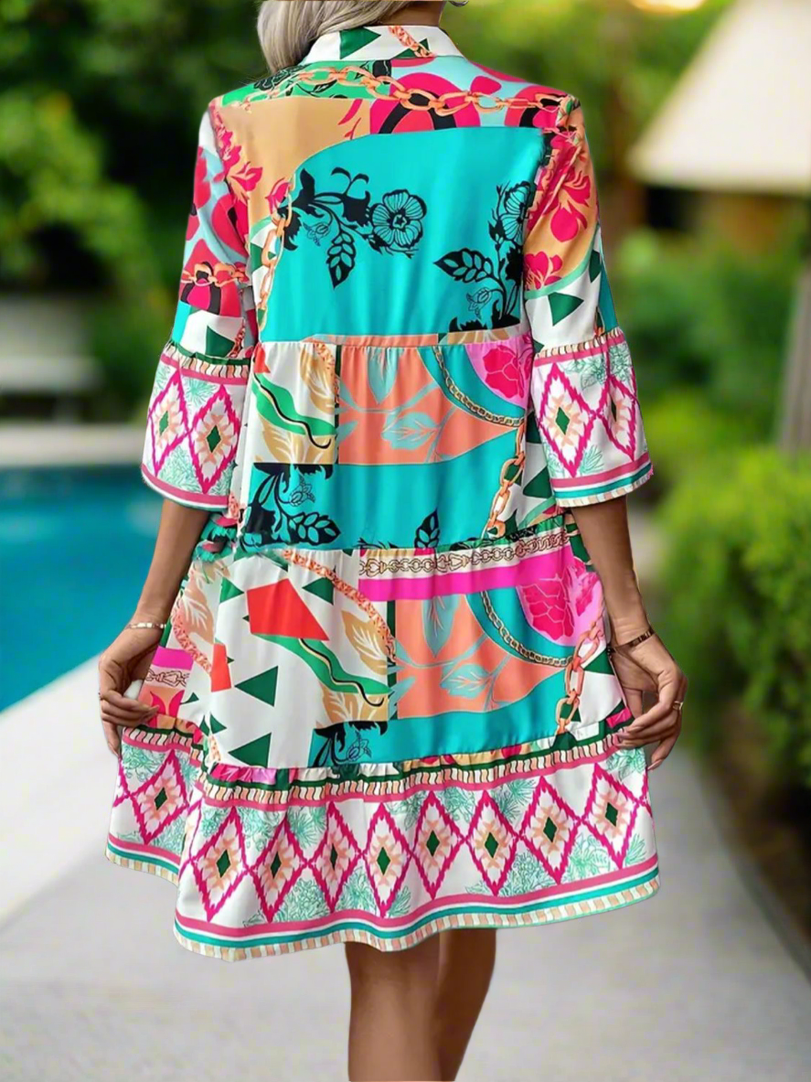 Jewels of The Jungle 3/4 Sleeve Tiered Dress