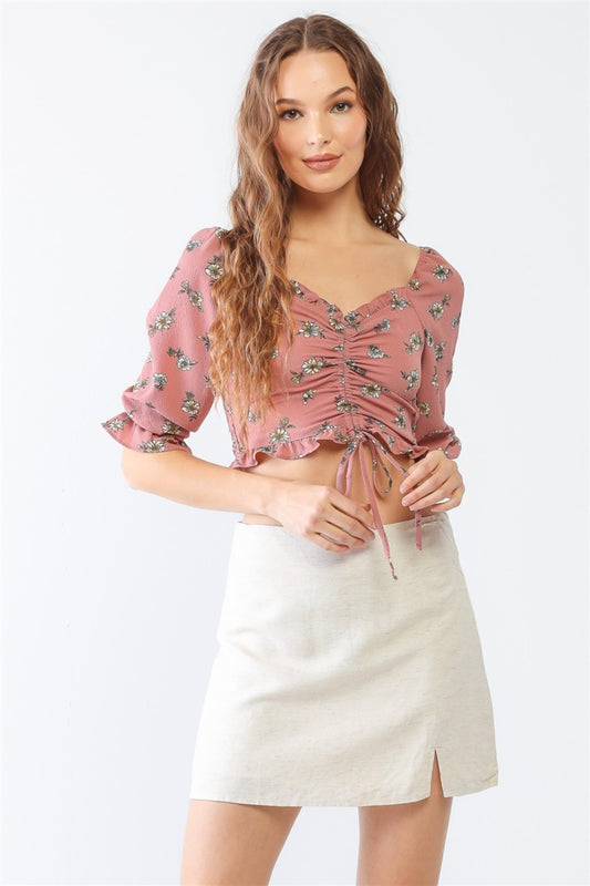 Miss Love / Kevin Co. Floral Ruffle Ruched Crop Top
