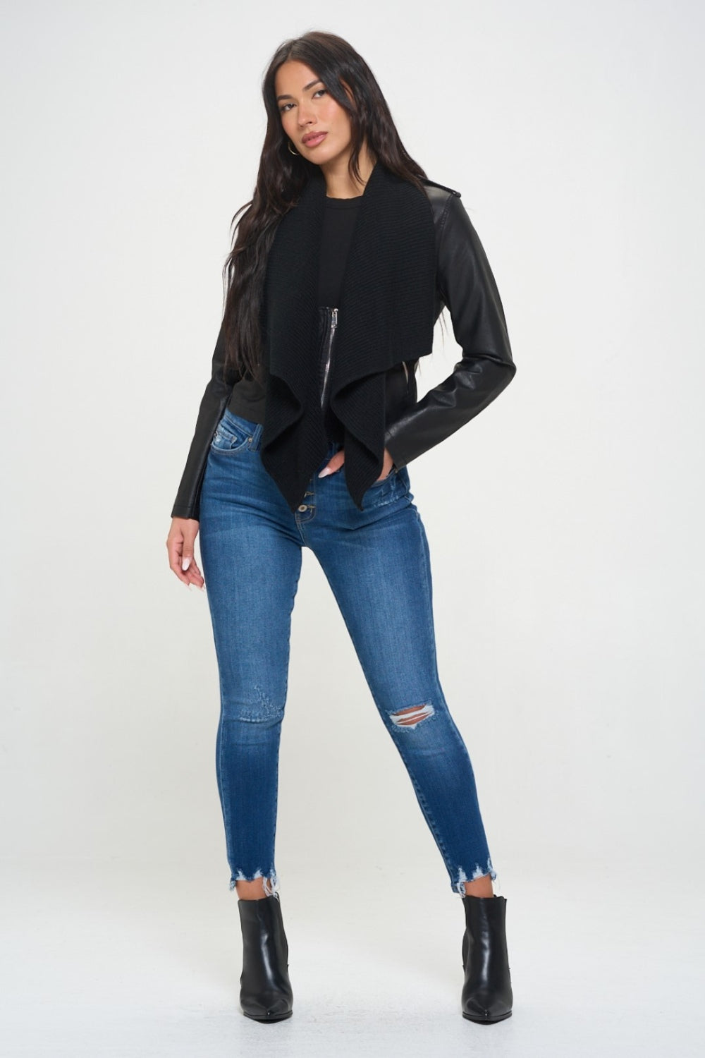 Knit Front Vegan Leather Crop Jacket