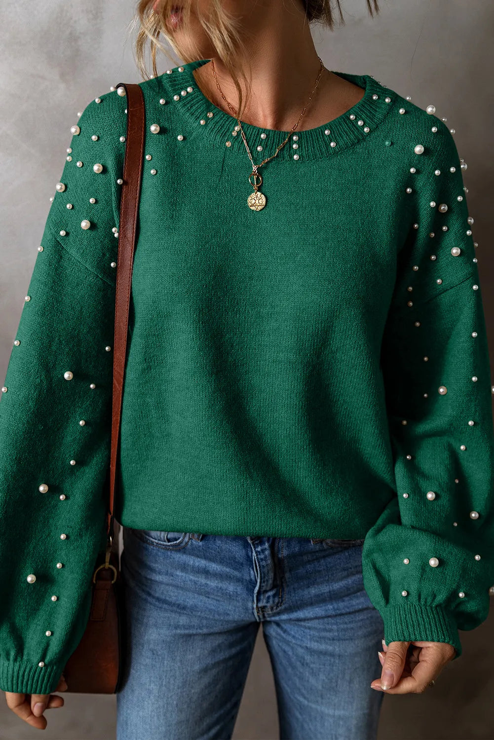 Pearl Detail Long Sleeve Sweater in Mocha