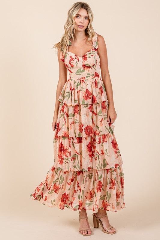 Layered Floral Sweetheart Neck Maxi Dress