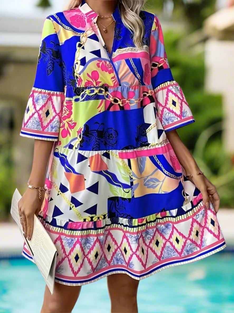 Jewels of The Jungle 3/4 Sleeve Tiered Dress