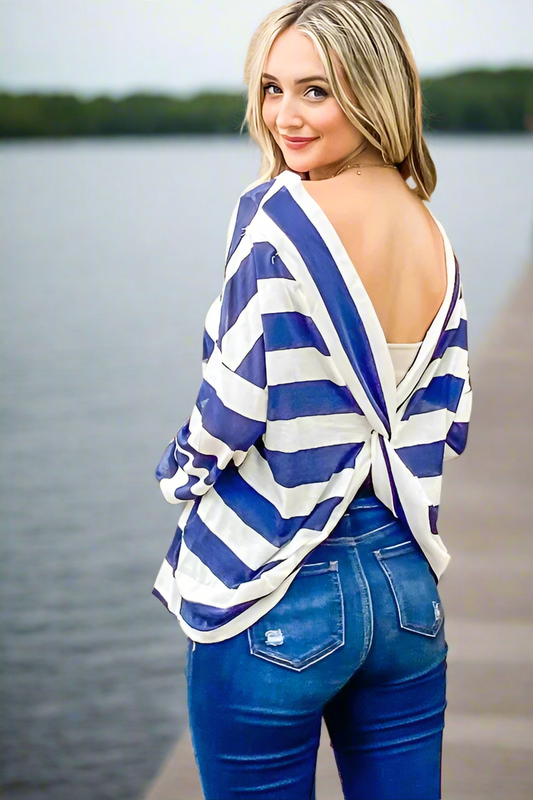 Women’s Stripe Twist Open Back Oversized Long Sleeve