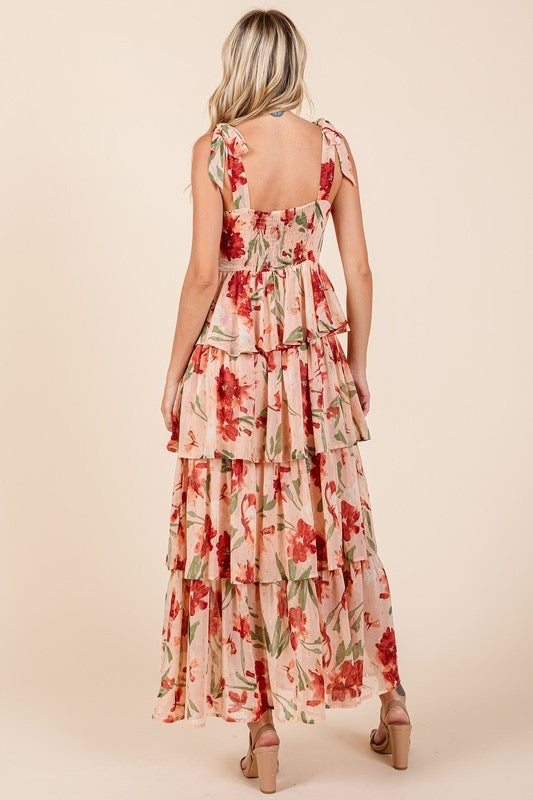 Layered Floral Sweetheart Neck Maxi Dress