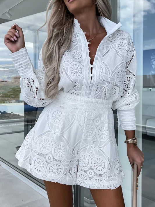 Lace Button Detail Long Sleeve Top and Shorts Set in White