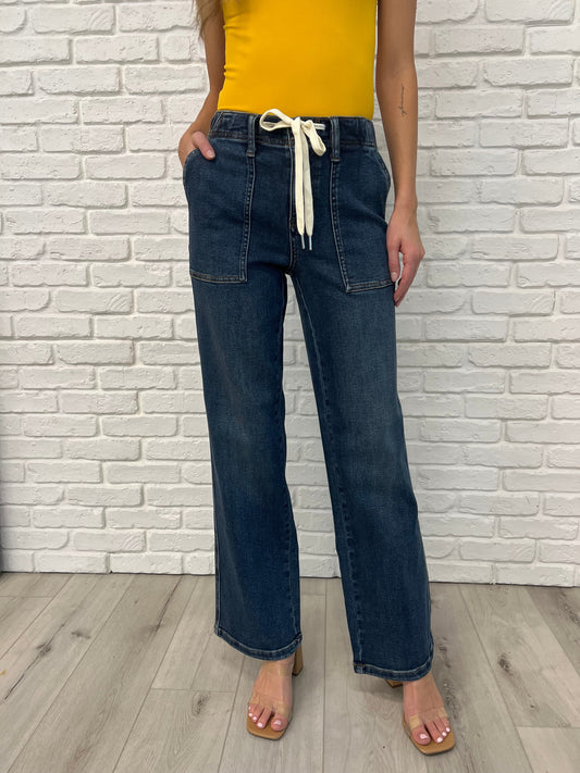 High Rise Drawstring Wide Leg Jeans
