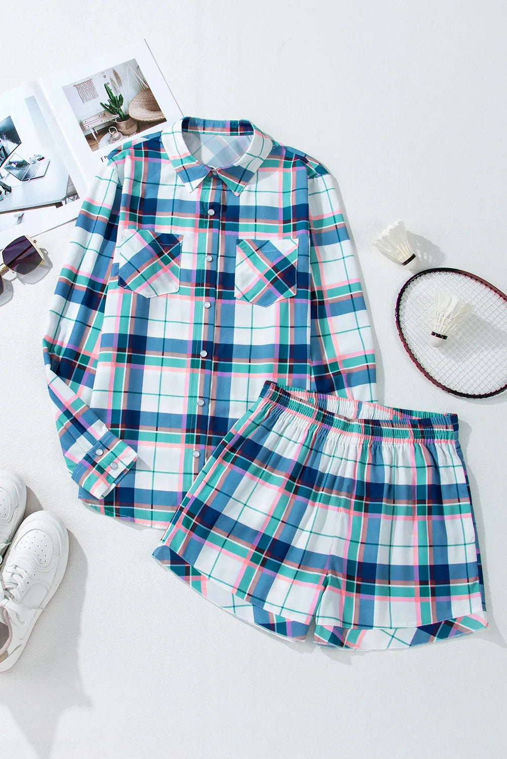 Plaid Snap Down Long Sleeve Top and Shorts Pajama Set