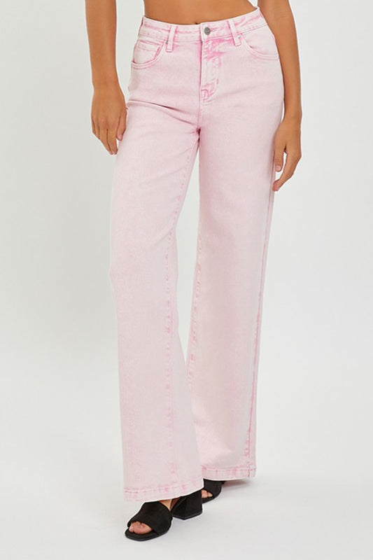 RISEN High Rise Tummy Control Wide Leg Jeans in Acid Pink