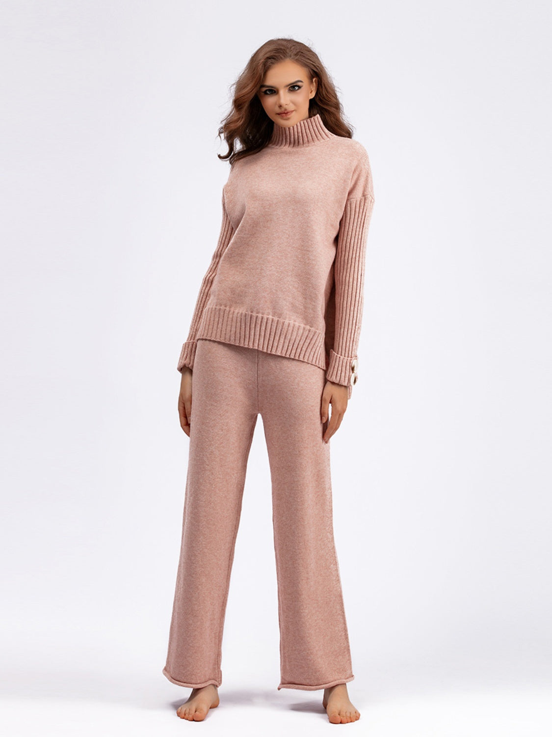 High-Low Turtleneck Top and Pants Sweater Set