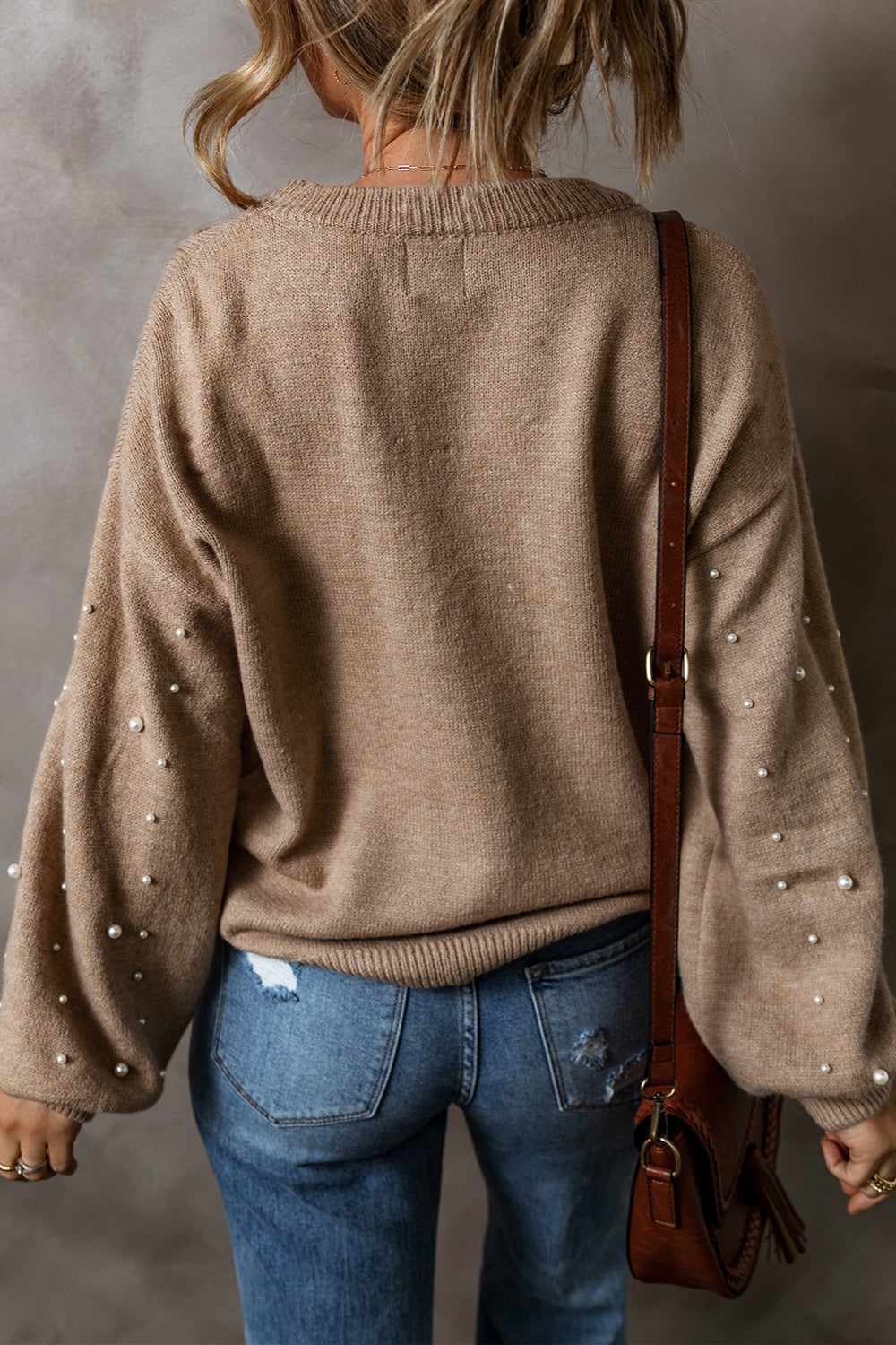 Pearl Detail Long Sleeve Sweater in Mocha